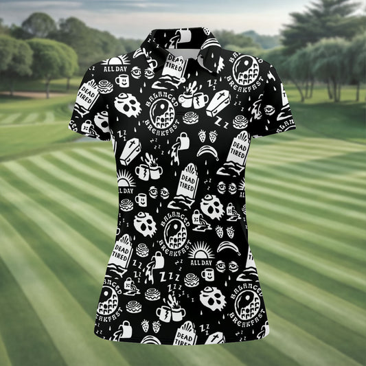 Maxcorners Dead Tired Coffee Breakfast Pattern Golf Shirt, Women's Golf Tops, Golf Shirts For Women LM1507