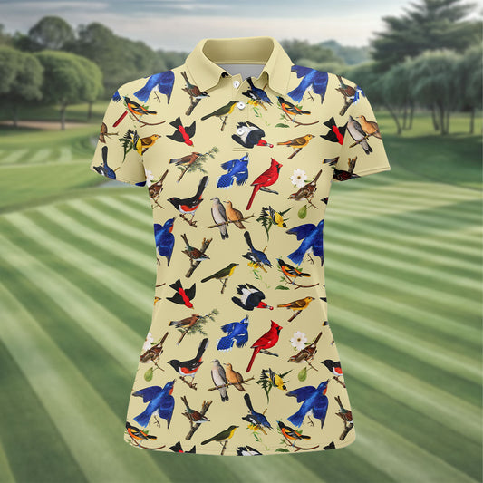 Maxcorners Vintage Colorful Wild Bird Pattern Golf Polo Shirt, Ladies Golf Shirts, Golf Tops For Women LM1507