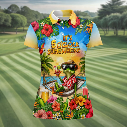 Maxcorners Frog Hammock 5 Oclock Somewhere Tropical Golf Shirt, Ladies Golf Shirts, Women’s Golf Apparel LM1507
