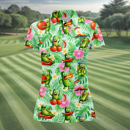 Maxcorners Funny Pickle Tomato Chili Tropical Hawaiian Golf Shirt, Golf Polo For Women, Printed Golf Shirt LM1507