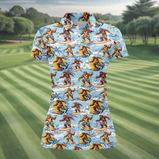 Maxcorners Surfing Bigfoot Hawaiian Golf Shirt, Womens Golf Tops, Golf Polo For Women LM1507
