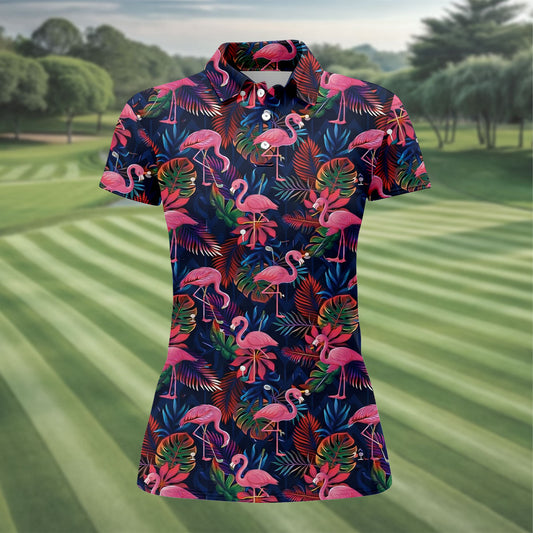 Maxcorners Dark Tropical Pink Flamingo Pattern Golf Shirt, Women’s Golf Apparel, Hawaiian Golf Shirt, Golf Polo For Women LM1507