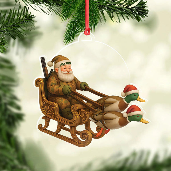Maxcorners Personalized Funny Santa Hunter Acrylic Ornament- Duck Hunting Christmas Wall Art, Santa Claus with Ducks Sleigh, Custom Hunter Gift for Men LM0411