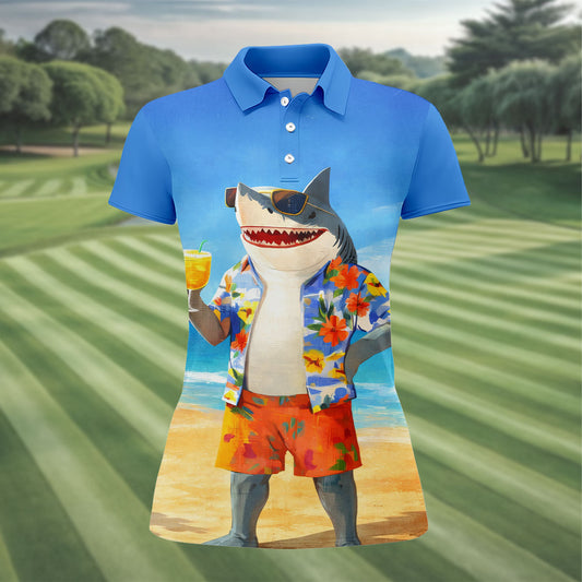 Maxcorners Funny Shark On Tropical Beach Vacation Golf Polo Shirt, Golf Shirts For Women, Women's Golf Apparel LM1507