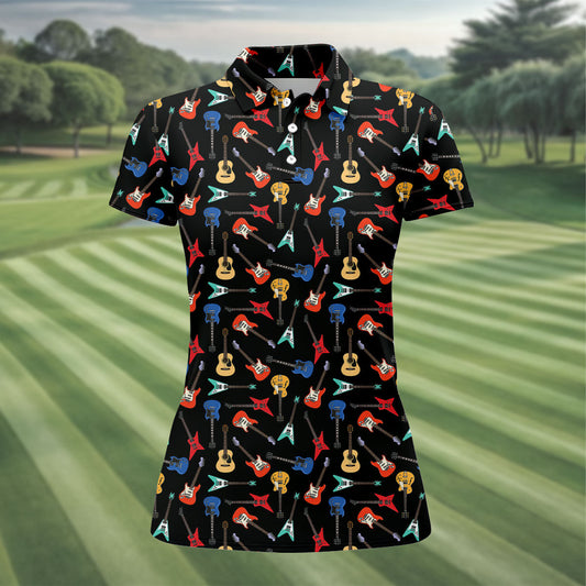 Maxcorners Guitar Pattern Hawaiian Golf Shirt, Music Lover Women's Golf Tops, Ladies Golf Shirts LM1507