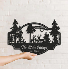 Maxcorners Personalized Deer Metal Sign WITH LED/WITHOUT LED - Rustic Wildlife Scene Cabin Name Sign, Family Lodge Outdoor Wall Art LM0110