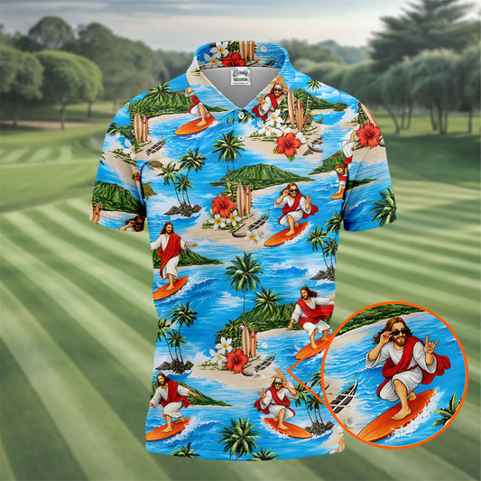 Maxcorners Funny Beach Surfer Jesus Hawaiian Golf Shirt, Golf Polo For Women, Printed Golf Shirt LM1507