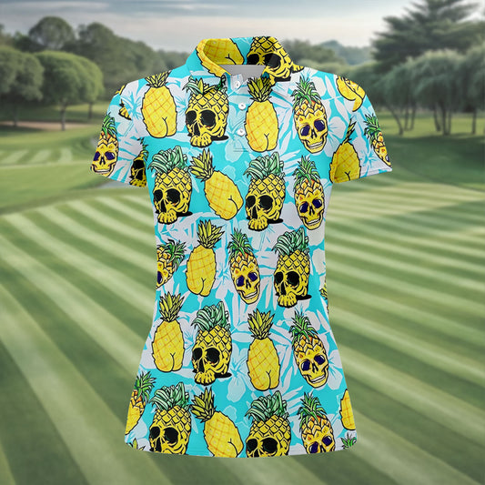 Maxcorners Tropical Pineapple Skull Pattern Golf Shirt, Women’s Golf Polo, Hawaiian Golf Shirt, Ladies Golf Shirts LM1507