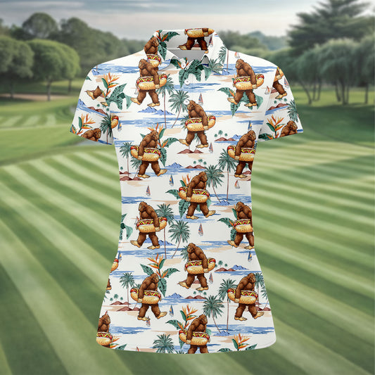 Maxcorners Bigfoot Hot Dog Beach Hawaiian Shirt, Women’s Golf Polo, Golf Tops For Women, Women’s Golf Apparel LM1507
