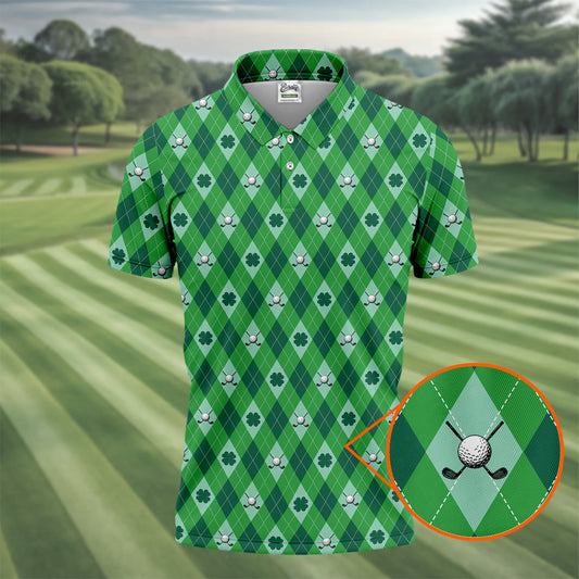 Maxcorners Lucky Four Leaf Clover Golf Ball Pattern Argyle Pattern St Patrick's Day Golf Shirt, Polo Shirts For Men