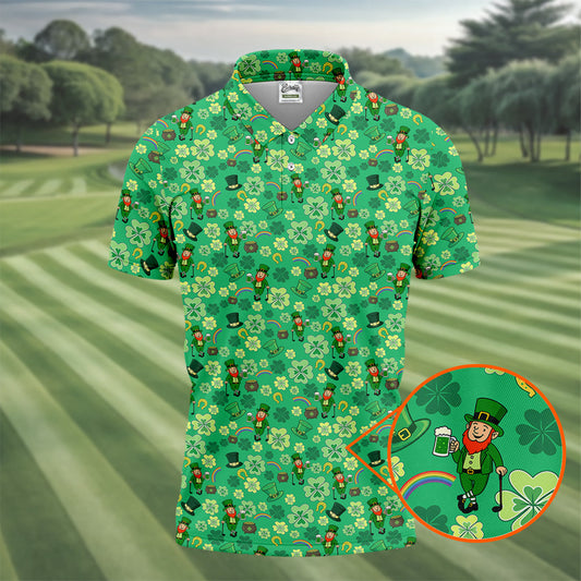 Maxcorners Shamrock St Patrick's Day Light Green Golf Shirt, Polo Shirts For Men, Golf Shirts For Men, Golfing Apparel