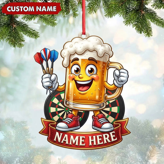 Maxcorners Darts Lover Cheerful Beer Mug Character, Holding Darts, Target Board Personalized Name Ornament 2D Flat