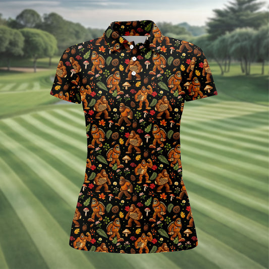 Maxcorners Autumn Bigfoot Forest Pattern Polo Shirt, Women’s Golf Apparel, Hawaiian Golf Shirt, Golf Tops For Women LM1507