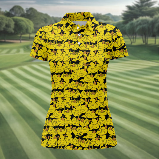 Maxcorners Yellow Sunglasses Rubber Duck Hawaiian Golf Shirt, Hawaiian Golf Shirt, Golf Tops For Women, Printed Golf Shirt LM1507