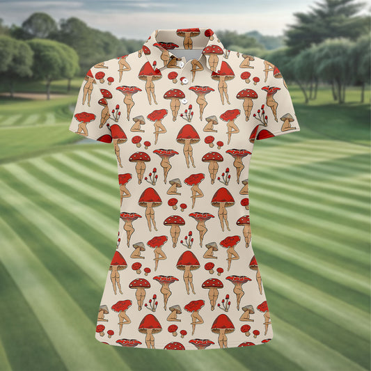Maxcorners Vintage Mushroom Pin Up Pattern Hawaiian Golf Shirt, Ladies Golf Shirt, Women’s Golf Apparel LM1507