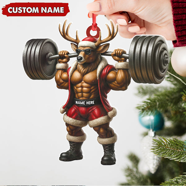 Maxcorners Personalized Acrylic Muscle Deer Christmas Ornament - Custom Weightlifting Holiday Decoration LM0110