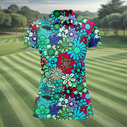 Maxcorners Blue Green Retro Flower Power Golf Shirt, Women’s Golf Polo, Hawaiian Golf Shirt, Golf Tops For Women LM1507
