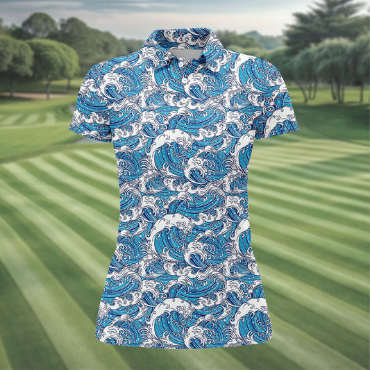 Maxcorners Blue Ocean Wave Pattern Golf Shirt, Women’s Golf Tops, Golf Shirts For Women, Printed Golf Shirt LM1507