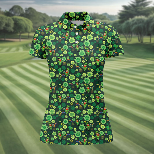 Maxcorners Shamrock St Patrick's Day Dark Green Golf Shirt, Women's Golf Tops, Ladies Golf Polos, Women's Polo Shirt
