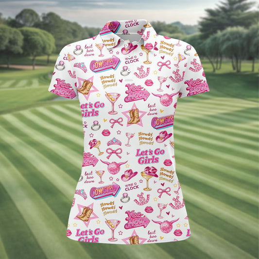 Maxcorners Pink Cowgirl Western Party Icons Golf Polo Shirt, Golf Shirts For Women, Ladies Golf Shirt LM1507