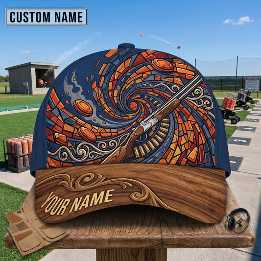 (10 Colors) Maxcorners Trap Shooting Stained Glass Mosaic Vortex Shotgun Wood Engraved Brim Personalized Classic Cap