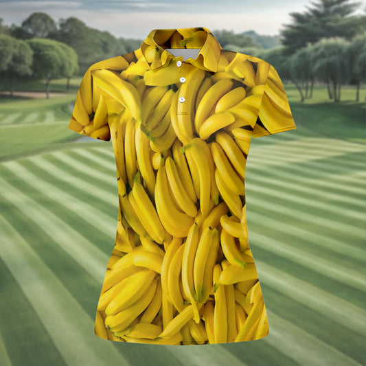 Maxcorners Realistic Banana Print Hawaiian Golf Shirt, Golf Tops For Women, Performance Golf Shirt LM1507