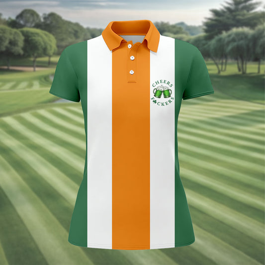 Maxcorners Green Orange White Vertical Stripes St Patrick's Day Golf Shirt, Women's Golf Tops, Ladies Golf Shirts