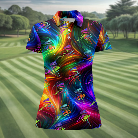 Maxcorners Colorful Disc Golf Basket Swirl Pattern Polo Shirt, Women’s Golf Tops, Hawaiian Golf Shirt, Performance Golf Shirt LM1507