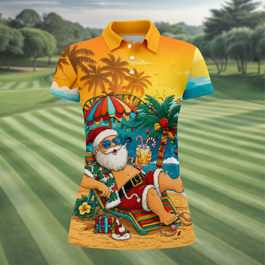 Maxcorners Beach Chair Santa Christmas Golf Shirt, Women's Golf Tops, Hawaiian Golf Shirt, Golf Shirts For Women LM1507