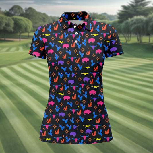 Maxcorners Neon Desert Cactus Buffalo Hawaiian Golf Shirt, Golf Polo For Women, Printed Golf Shirt LM1507