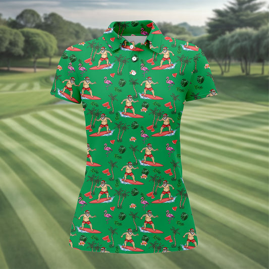 Maxcorners Surfing Santa Tropical Beach Golf Polo Shirt, Christmas Golf Shirt, Women’s Golf Apparel, Golf Polo For Women LM1507