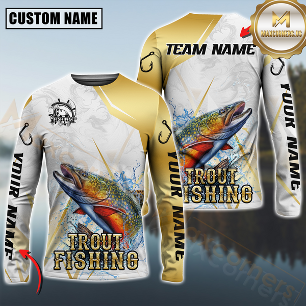 Maxcorners Trout Fishing Lightweight Performance Shirt For Anglers Personalized Name, Team Name 3D Long Sleeve Shirt