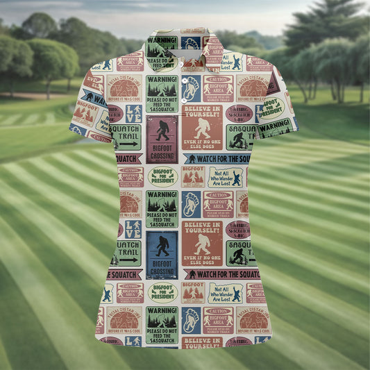 Maxcorners Vintage Bigfoot Warning Sign Polo Shirt, Women’s Golf Polo, Golf Shirts For Women LM1507
