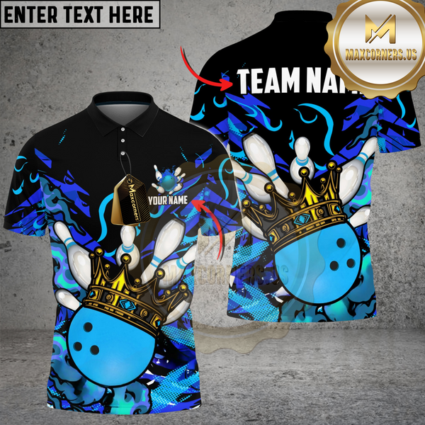 Maxcorners Bowling And Pins Burning King Crown Customized Name, Team Name 3D Shirt Blue TU0207