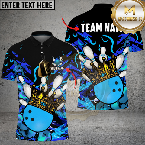 Maxcorners Bowling And Pins Burning King Crown Customized Name, Team Name 3D Shirt Blue TU0207