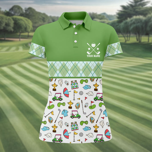 Maxcorners Custom Name Green Argyle Golf Icons Pattern Golf Shirt, Women’s Golf Polo, Golf Tops For Women, Printed Golf Shirt LM1507