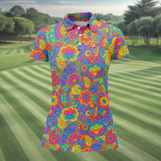 Maxcorners Vintage Psychedelic Floral Pattern Hawaiian Golf Shirt, Women’s Golf Tops, Golf Shirts For Women LM1507