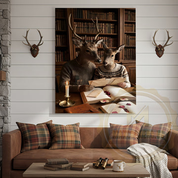 Maxcorners Romantic Deer Couple Reading Love Letters Library Personalized Name Canvas