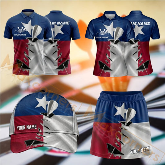 Maxcorners Darts Texas Flag Dartboard Design Personalized Team Sportswear Set - Polo Shirt, Cap & Skorts