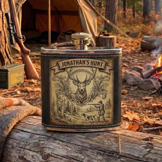 Maxcorners Hunting Vintage Whitetail Deer Sketch Personalized Name 3D Hip Flask