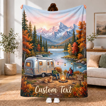 Maxcorners RVs Travel Trailer Autumn Mountain Lake Custom Name 3D Blanket
