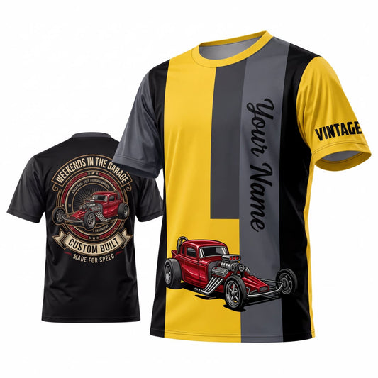 Maxcorners Personalized Car Classic Muscle Car 3D T-Shirt – Vintage Black Yellow Racing Stripes and Red Muscle Car