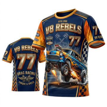 Maxcorners Personalized Car Classic Muscle Car 3D T-Shirt – Road Rebels Blue Orange Classic Street Rod
