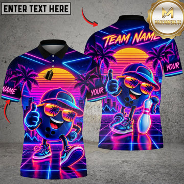 Maxcorners Bowling Retro Neon Sunset Cool Bowling Ball Character Personalized Name 3D Unisex Shirt