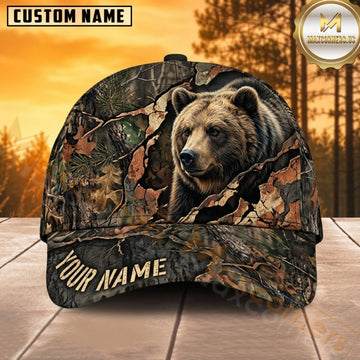 Maxcorners Bear Hunting Brown Bear Forest Portrait Rustic Woodland Camo Customized Name 3D Cap