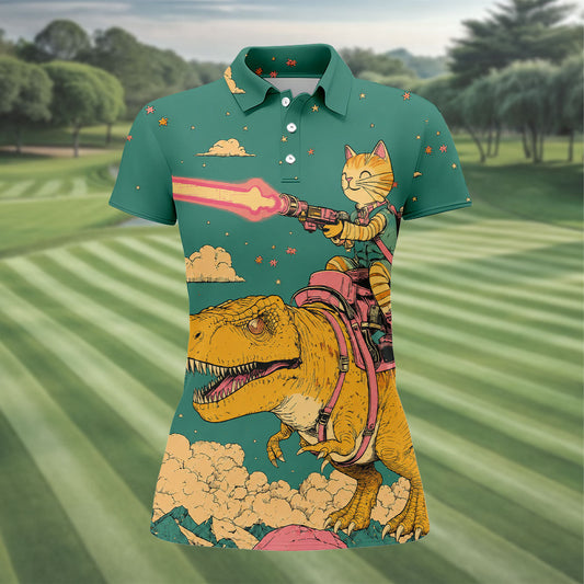 Maxcorners Laser Cat Dinosaur Golf Shirt, Retro Sci Fi T Rex Adventure Pattern, Golf Shirt For Women LM1507