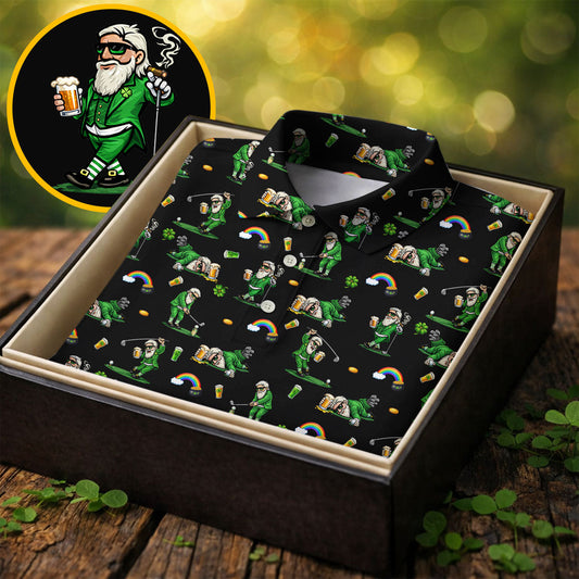 Maxcorners St Patrick's Day Leprechaun Character Golf And Beer Black Golf Shirt, Fun Golf Shirts For Men, Polo For Men