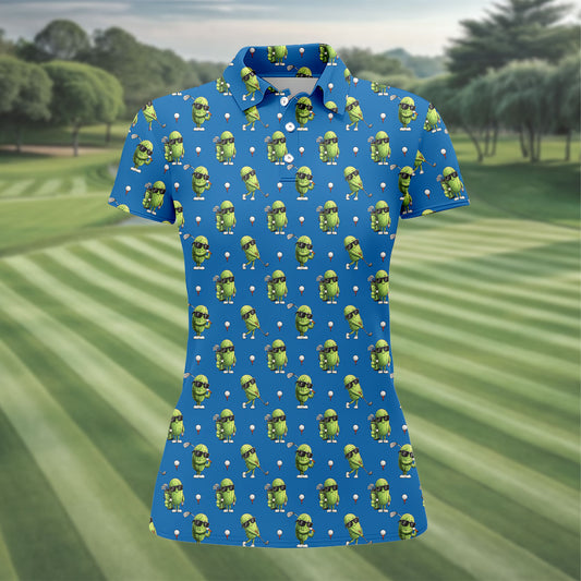 Maxcorners Cartoon Cactus Golfer Blue Golf Shirt, Women’s Golf Polo, Golf Tops For Women, Printed Golf Shirt LM1507