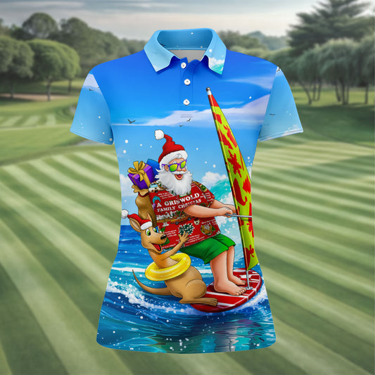 Maxcorners Santa And Reindeer Beach Surfing Christmas Golf Shirt, Women's Golf Tops, Hawaiian Golf Shirt LM1507