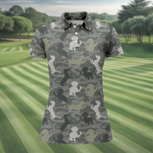 Maxcorners Grey Camo Poodle Dog Pattern Womens Golf Shirt, Womens Polo Shirt, Golf Shirt For Women LM1507
